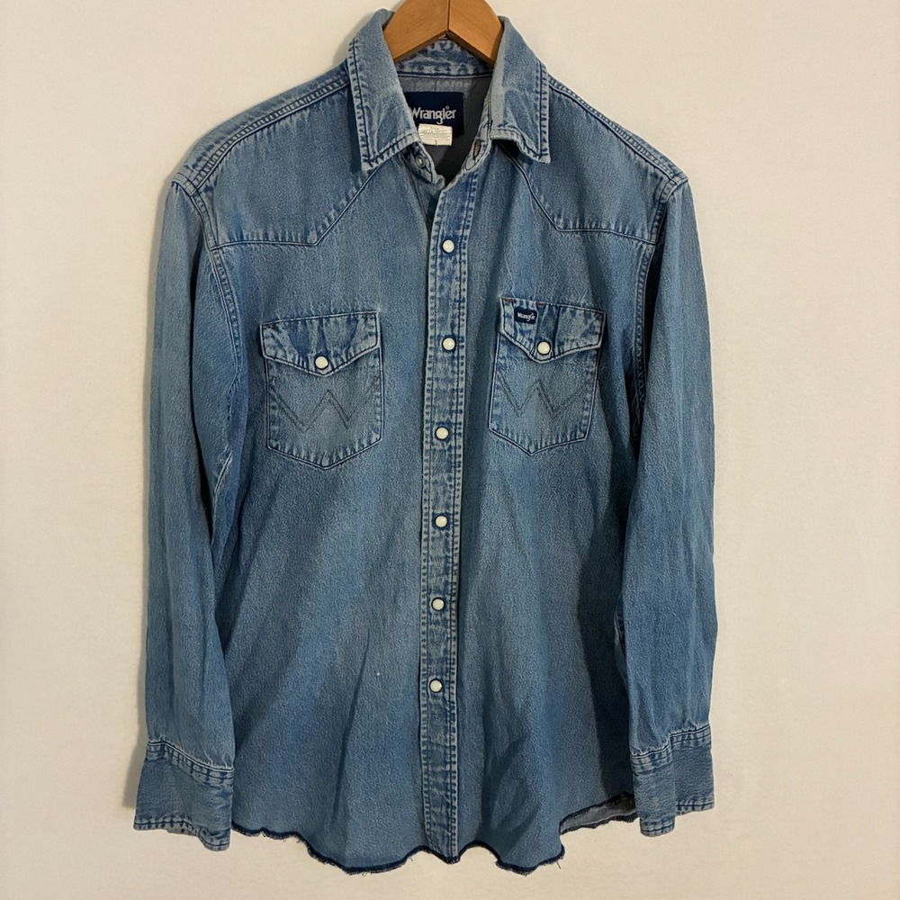 Vtg Wrangler Western Shirt Men's L Denim Flap Pocket Pearl Snap Yoke Cowboy